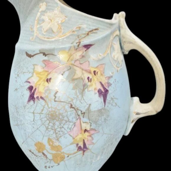 Vintage Hand Painted Pitcher Leaf & Web Design Blue Purple Yellow Tan Gold - Picture 2 of 8